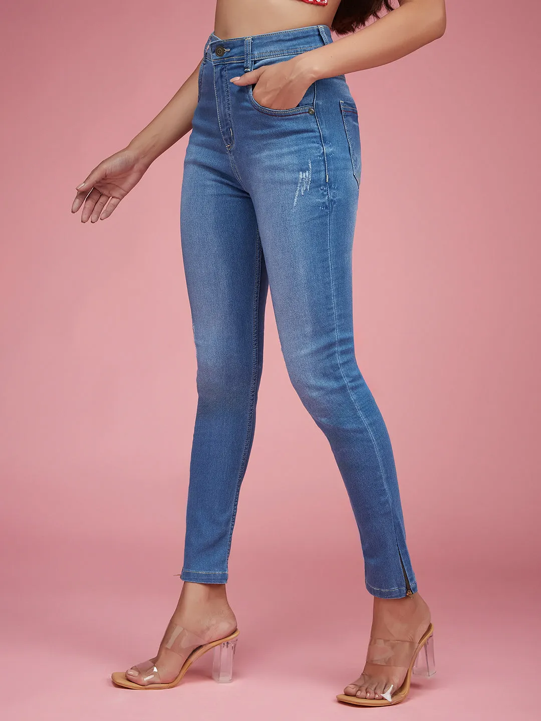 24/7 Comfort Blue Skinny-Fit High-Rise Zipper Detailing Stretchable Denim Jeans