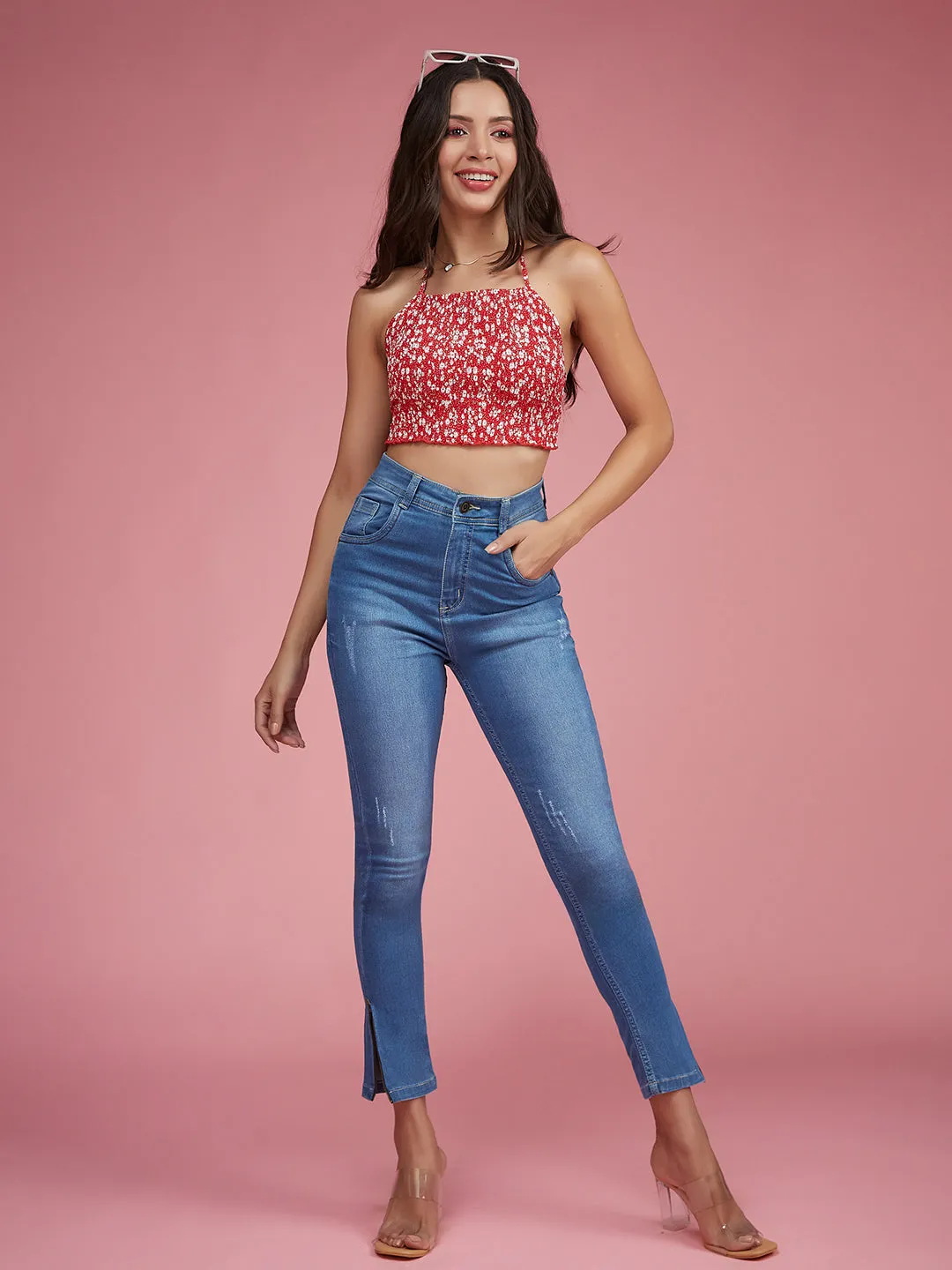 24/7 Comfort Blue Skinny-Fit High-Rise Zipper Detailing Stretchable Denim Jeans