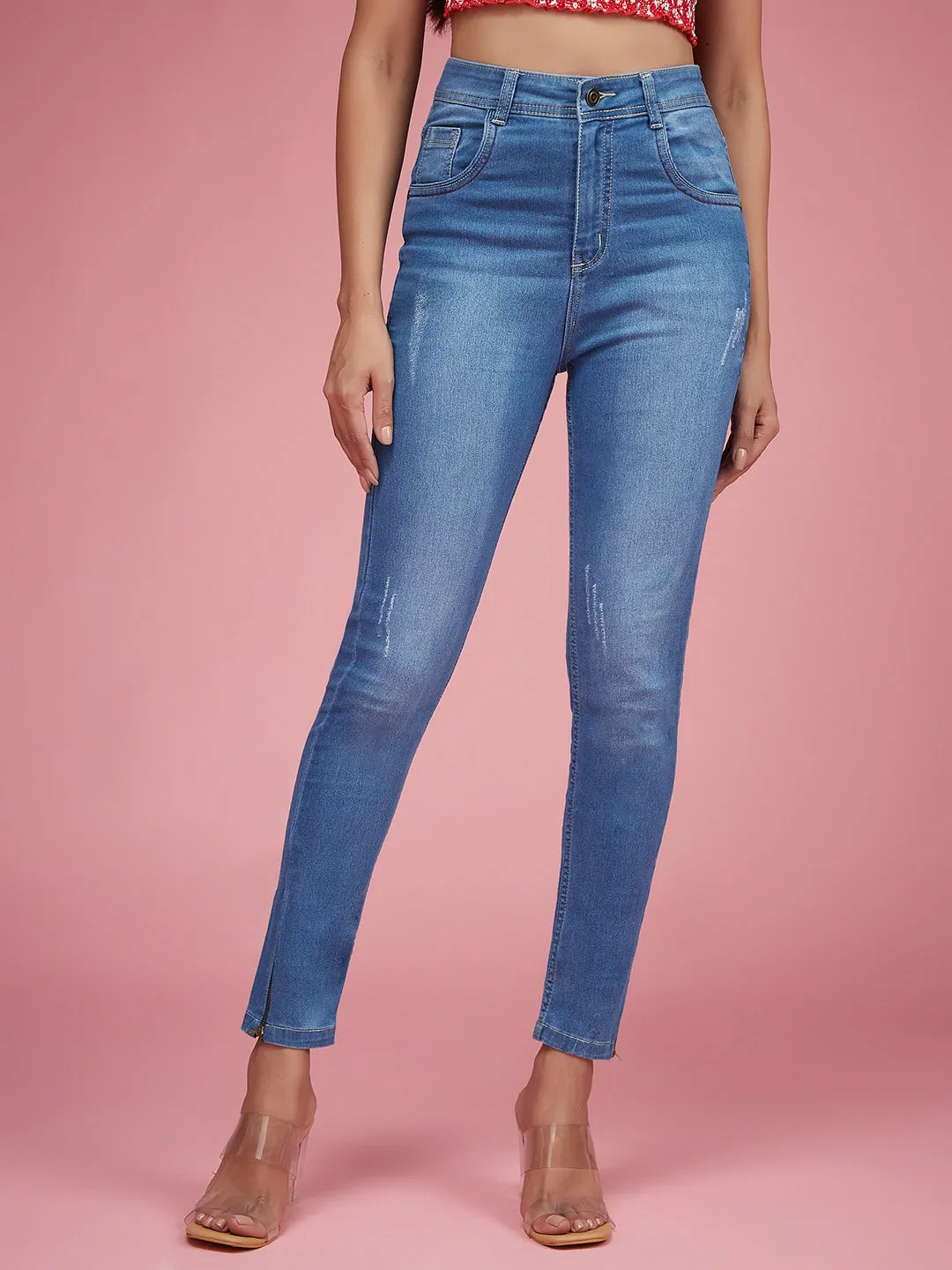24/7 Comfort Blue Skinny-Fit High-Rise Zipper Detailing Stretchable Denim Jeans