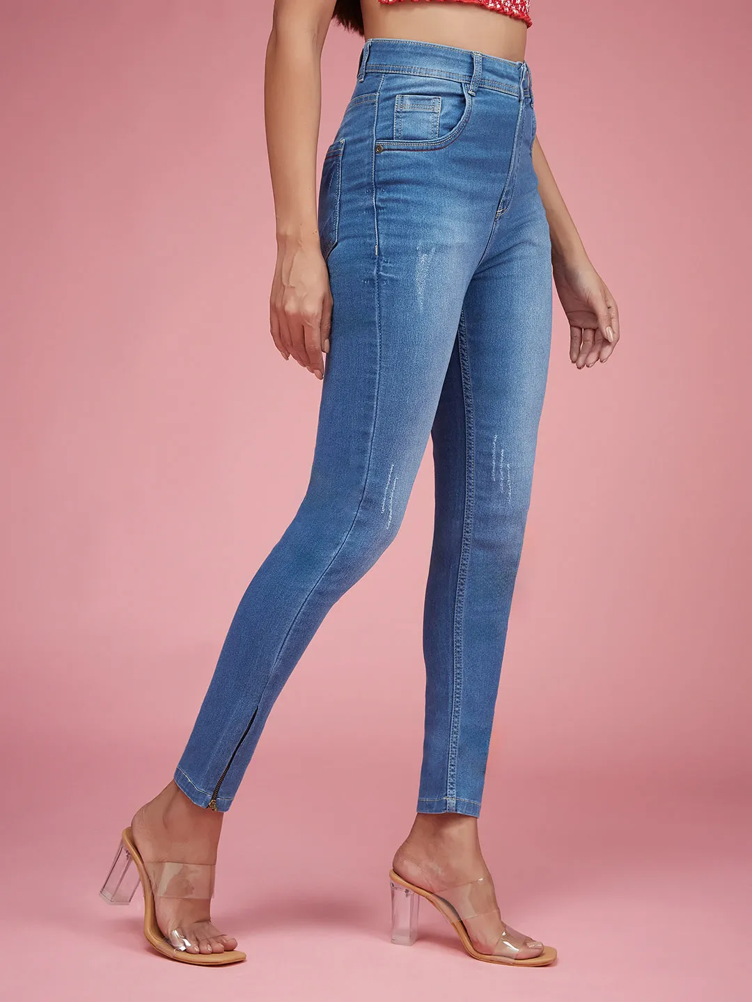 24/7 Comfort Blue Skinny-Fit High-Rise Zipper Detailing Stretchable Denim Jeans