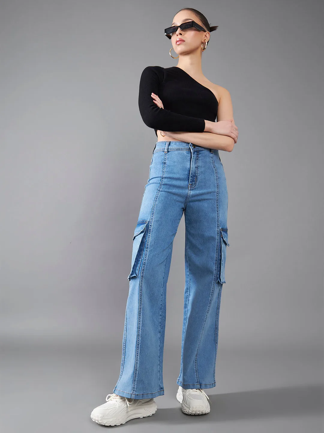 24/7 Comfort Blue Wide-Leg High-Rise Stretchable Cargo Denim Jeans