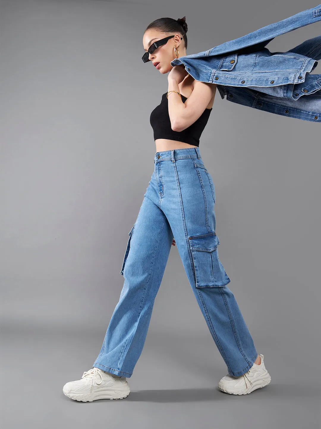 24/7 Comfort Blue Wide-Leg High-Rise Stretchable Cargo Denim Jeans