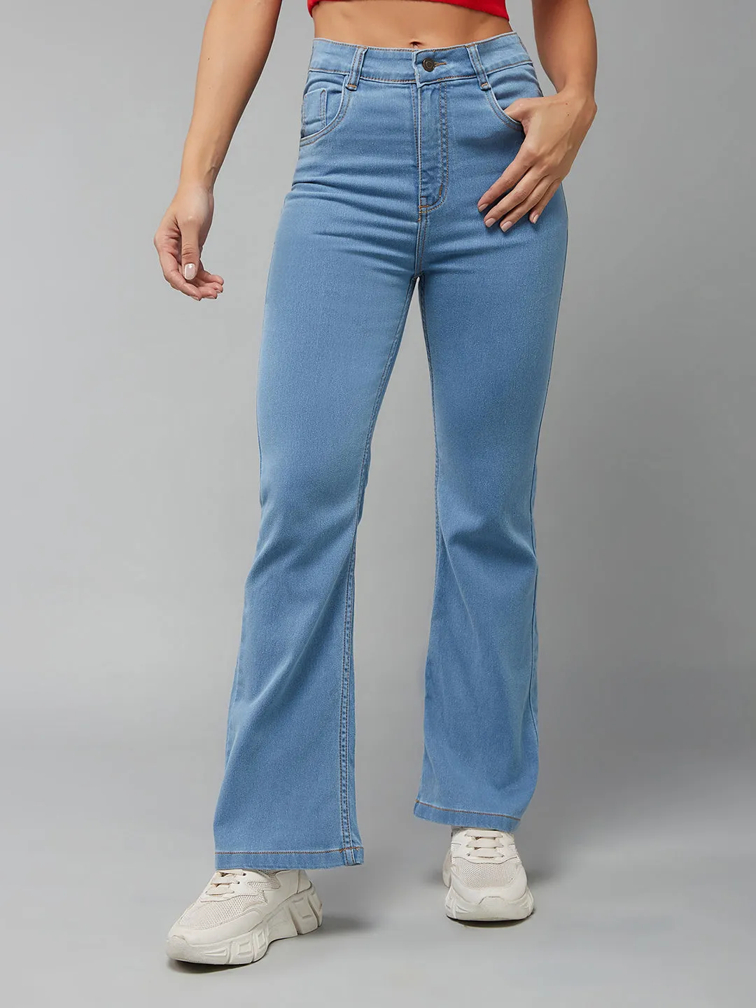 24/7 Comfort Light Blue Bell-Bottom Bootcut High-Rise Stretchable Denim Light Weight Jeans