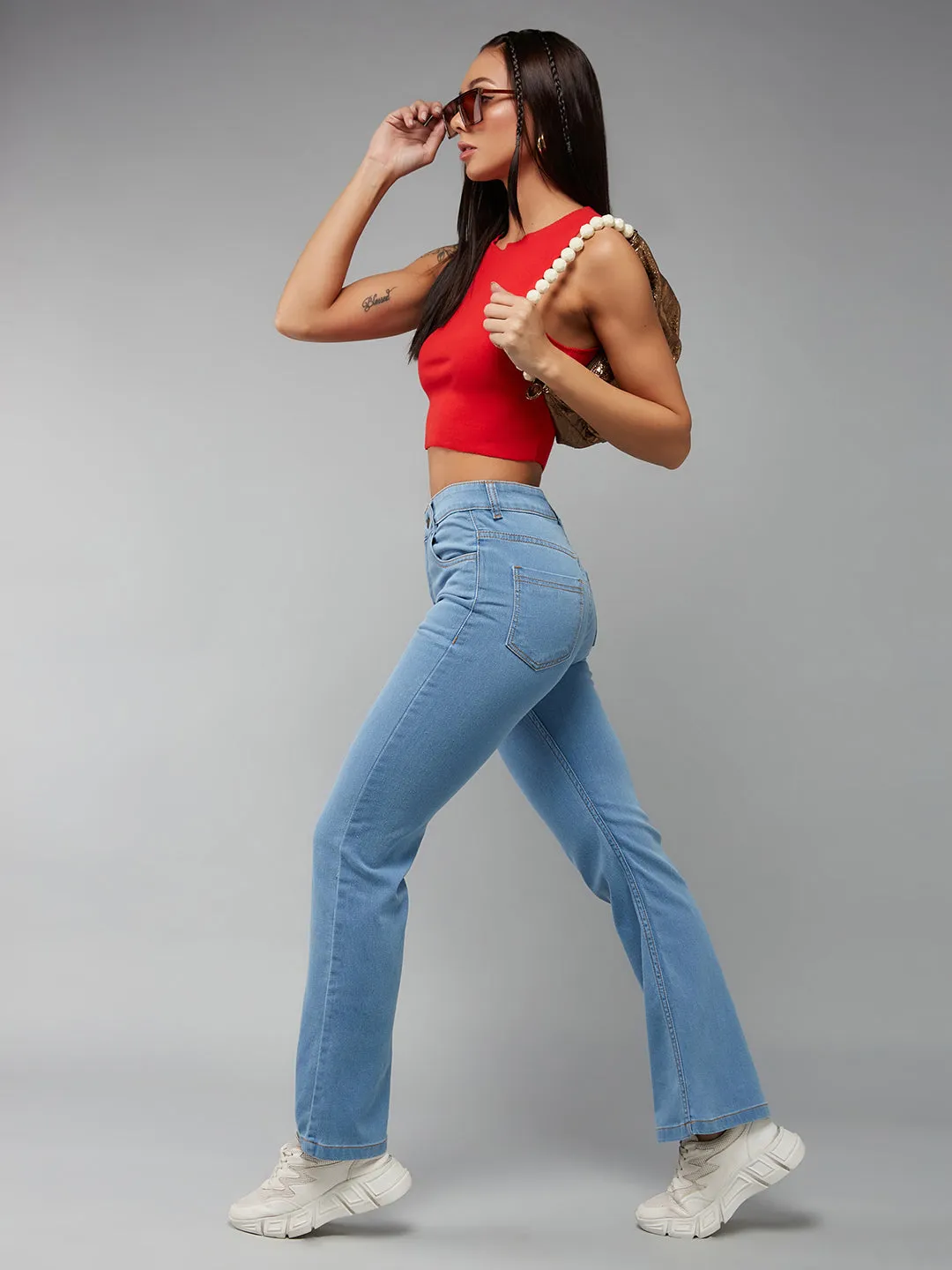 24/7 Comfort Light Blue Bell-Bottom Bootcut High-Rise Stretchable Denim Light Weight Jeans