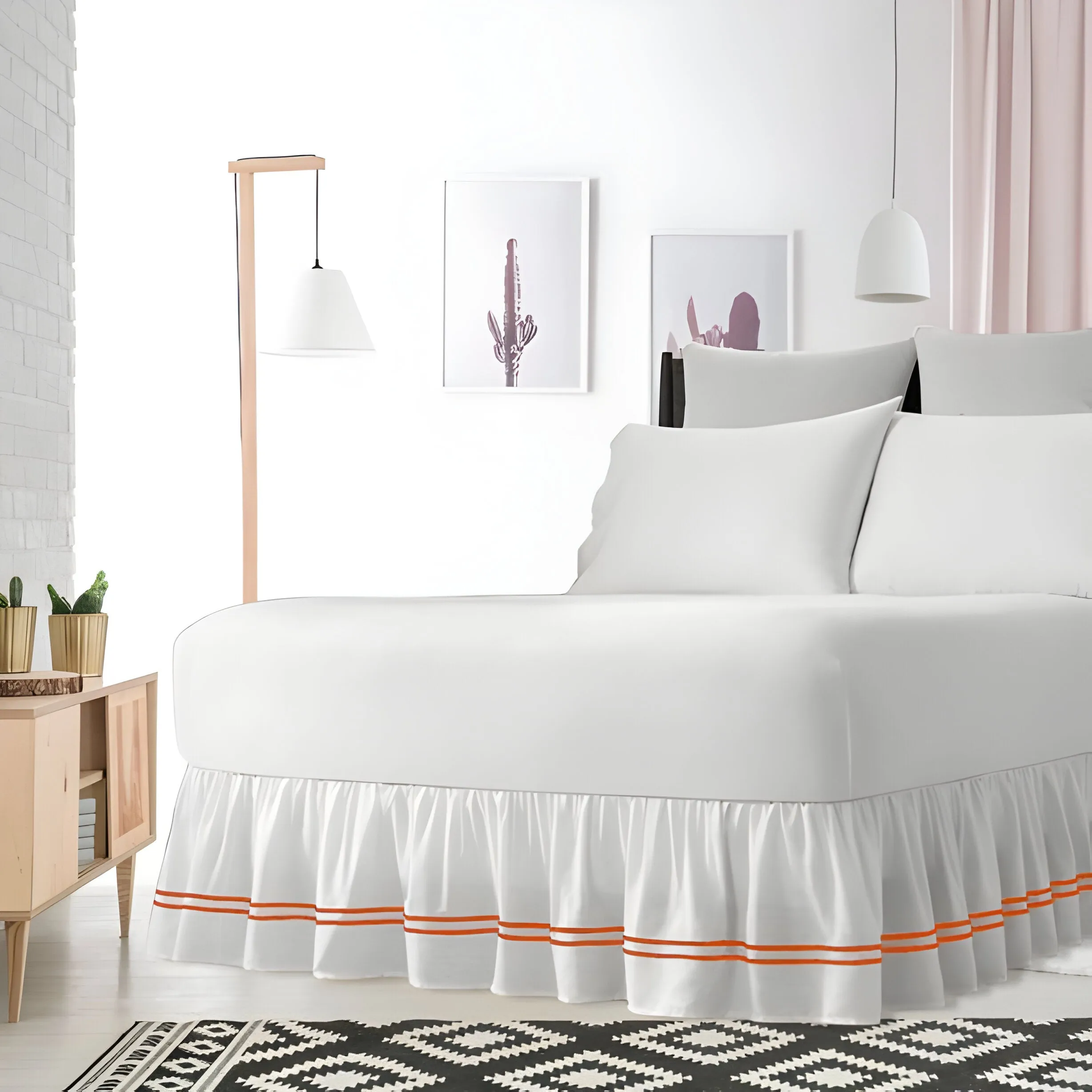 400TC Sateen Solid Cotton Double Embroidered Gathered Bed Skirt