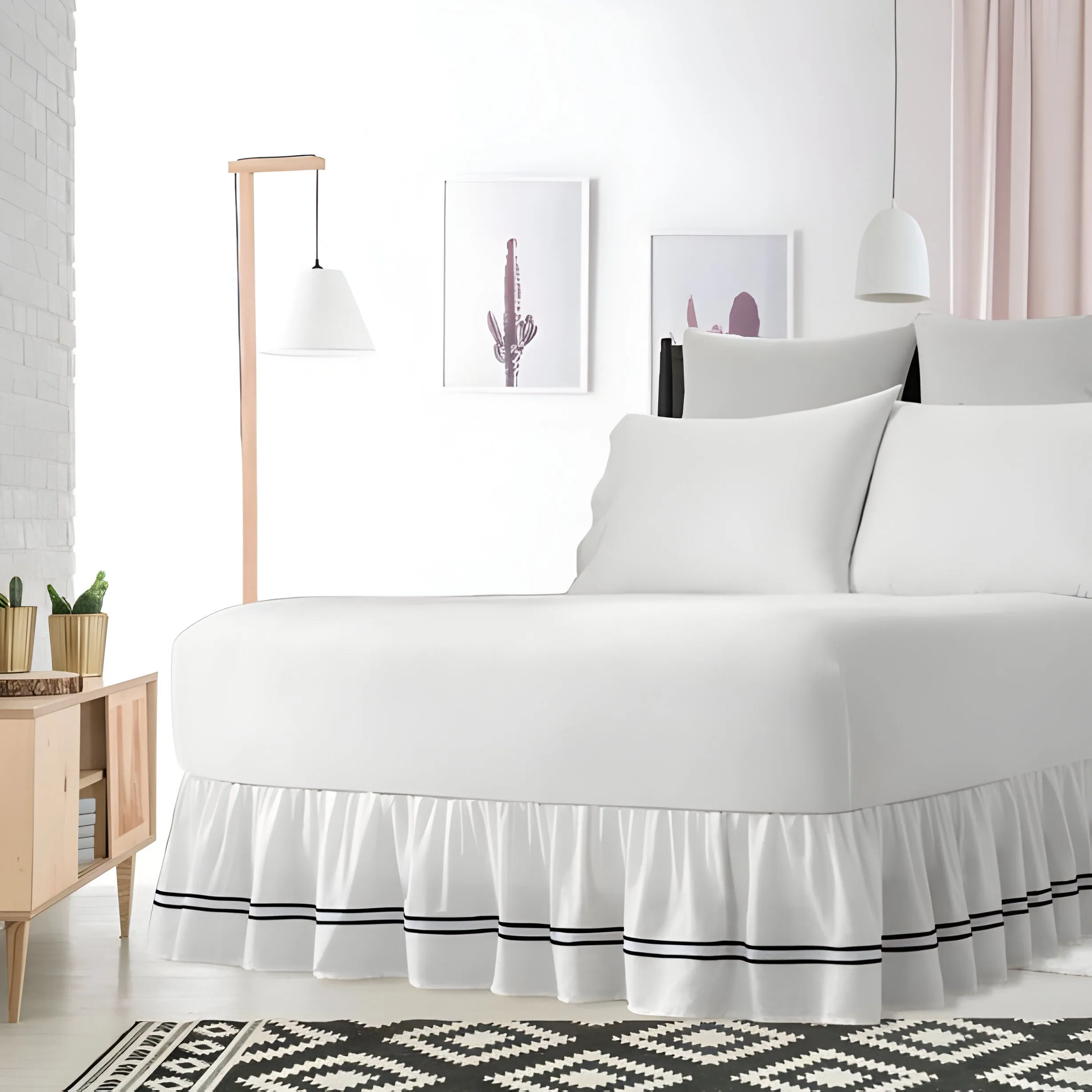 400TC Sateen Solid Cotton Double Embroidered Gathered Bed Skirt