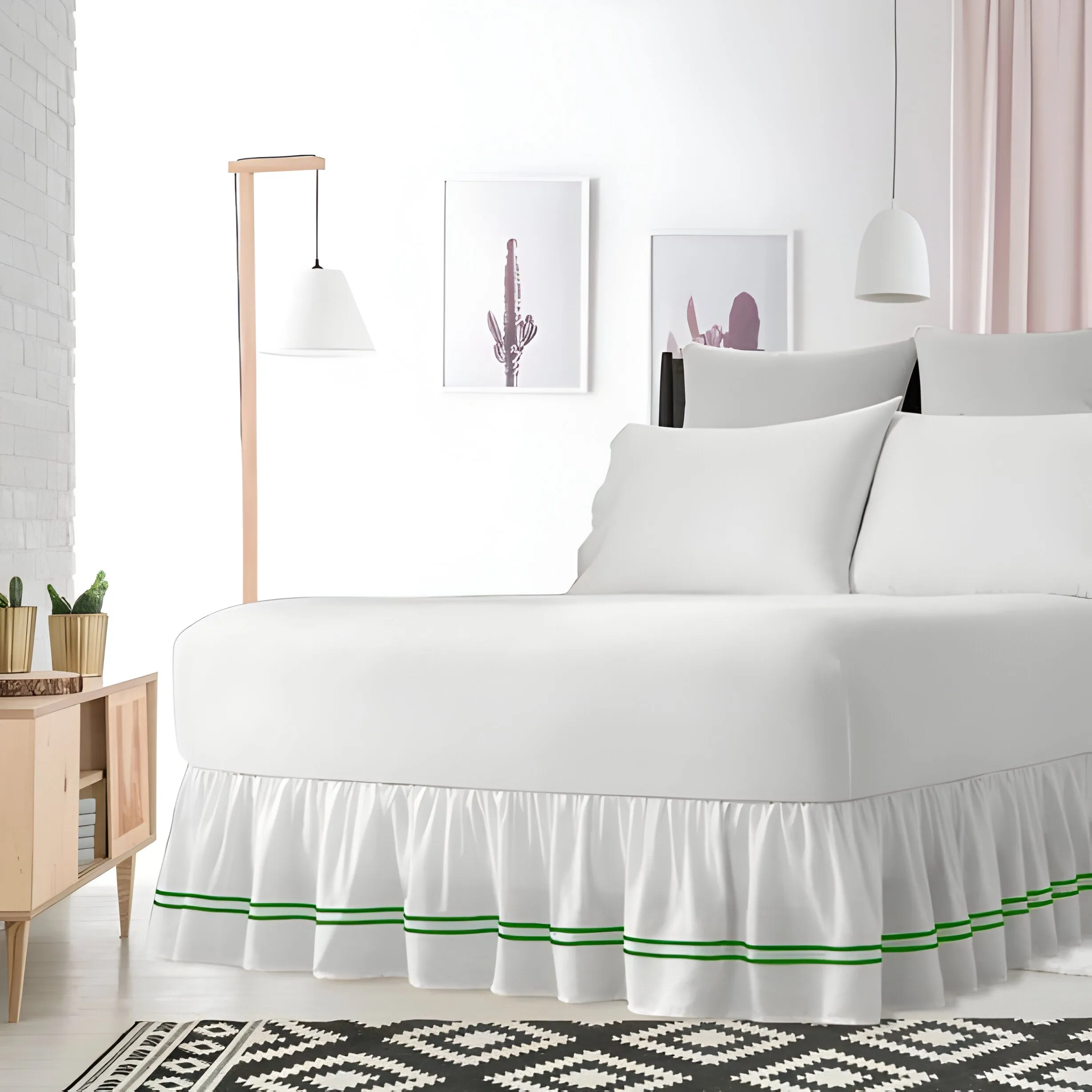400TC Sateen Solid Cotton Double Embroidered Gathered Bed Skirt