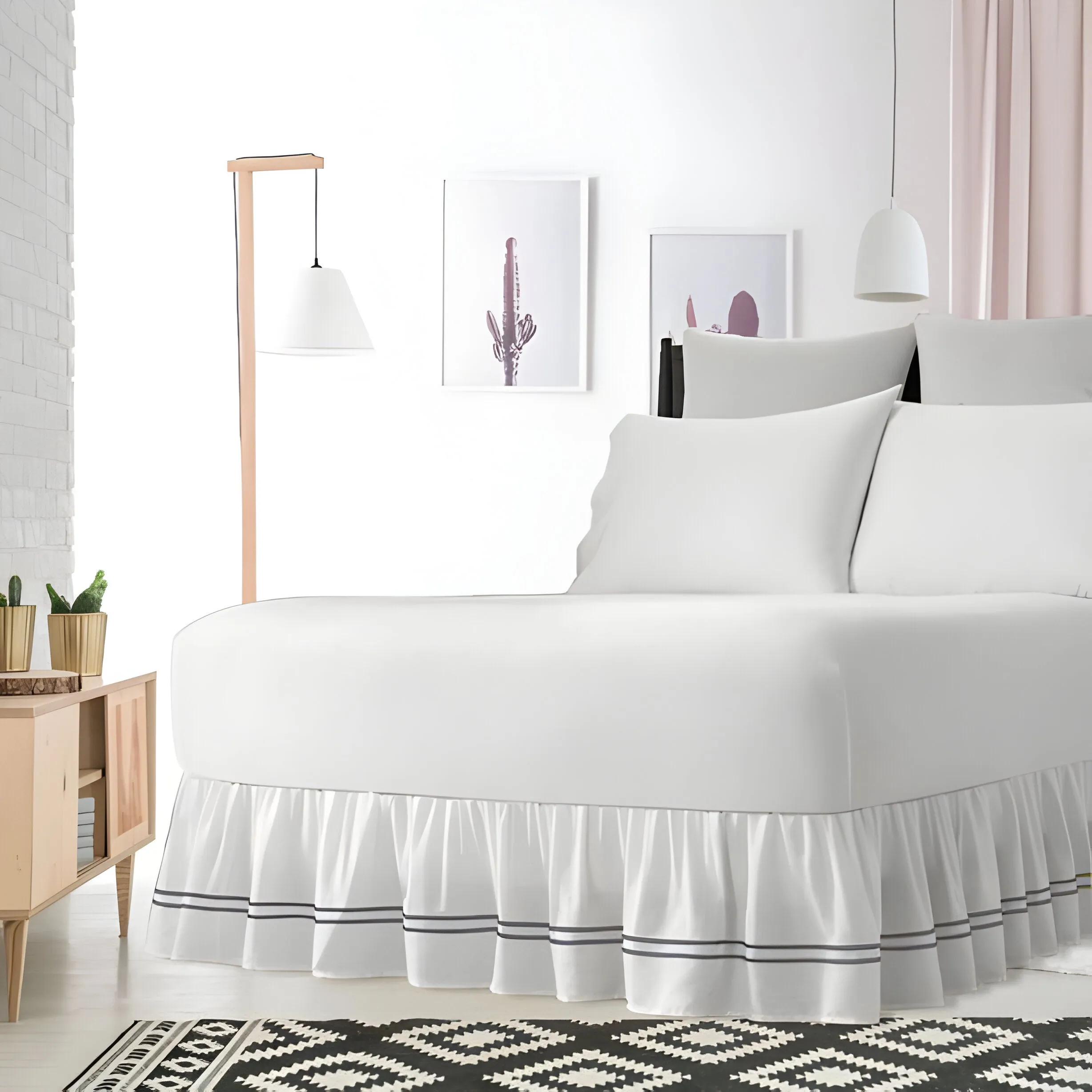 400TC Sateen Solid Cotton Double Embroidered Gathered Bed Skirt