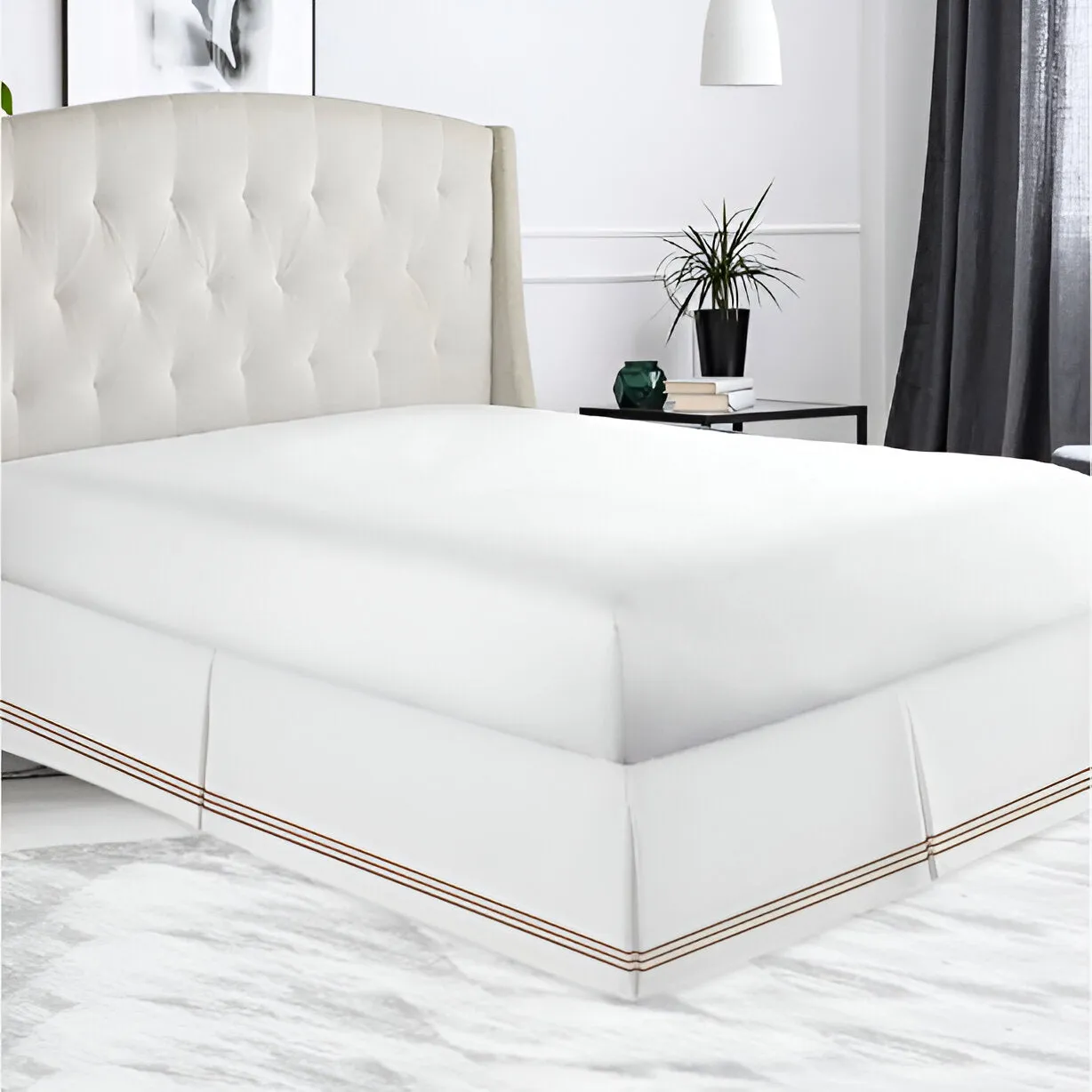400TC Sateen Solid Cotton Triple Embroidered Tailored Bed Skirt