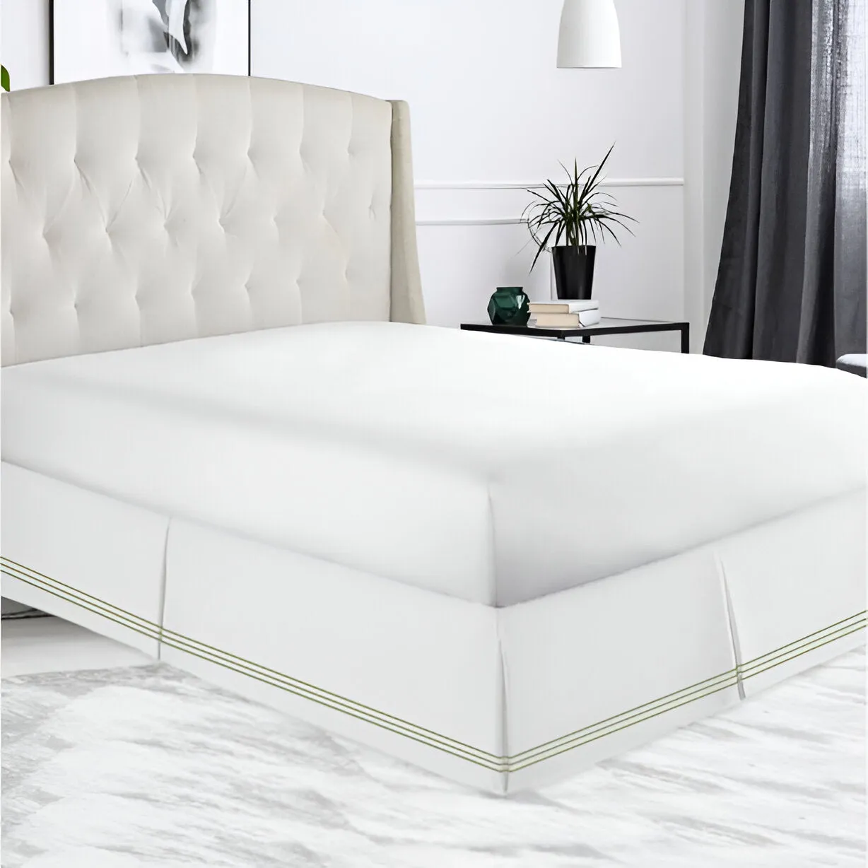 400TC Sateen Solid Cotton Triple Embroidered Tailored Bed Skirt