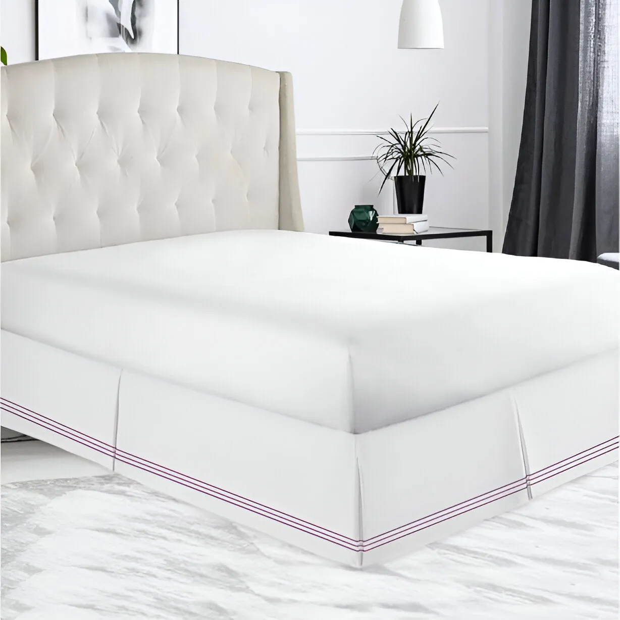 400TC Sateen Solid Cotton Triple Embroidered Tailored Bed Skirt