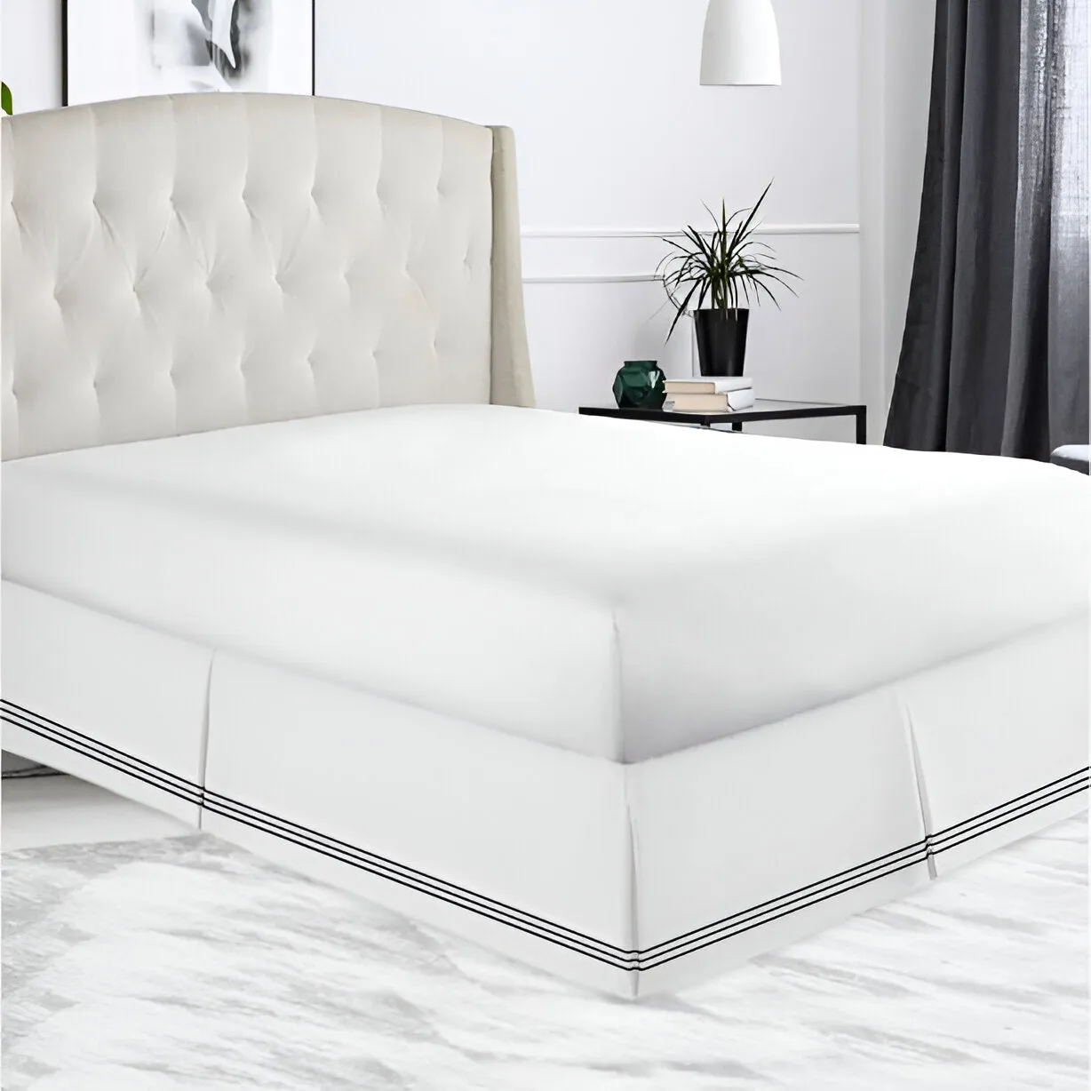 400TC Sateen Solid Cotton Triple Embroidered Tailored Bed Skirt