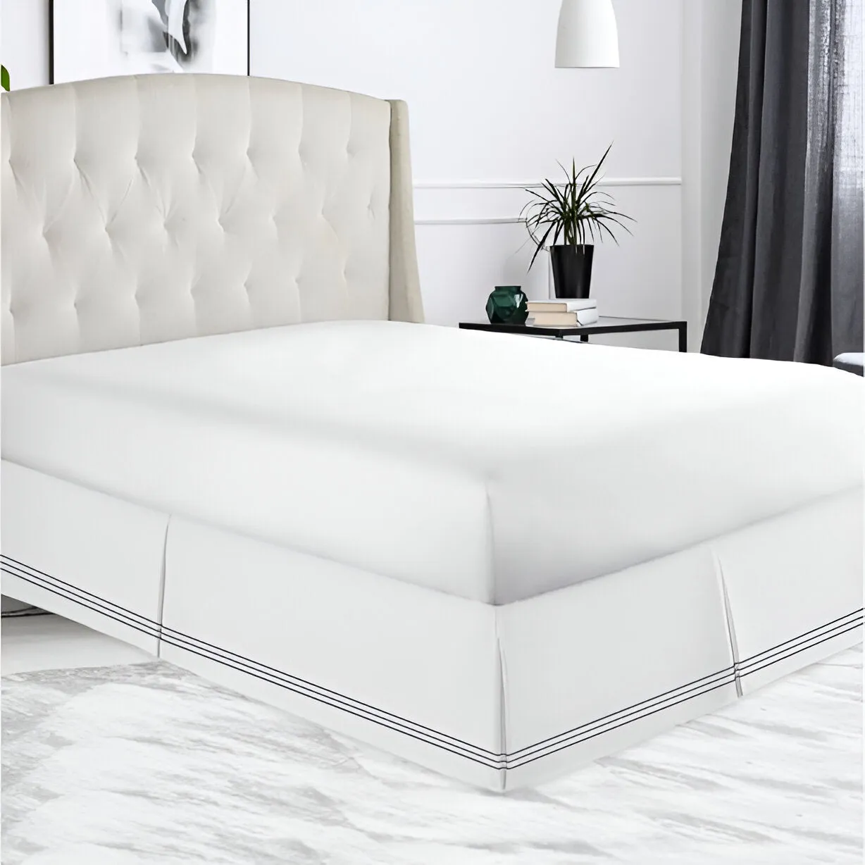 400TC Sateen Solid Cotton Triple Embroidered Tailored Bed Skirt