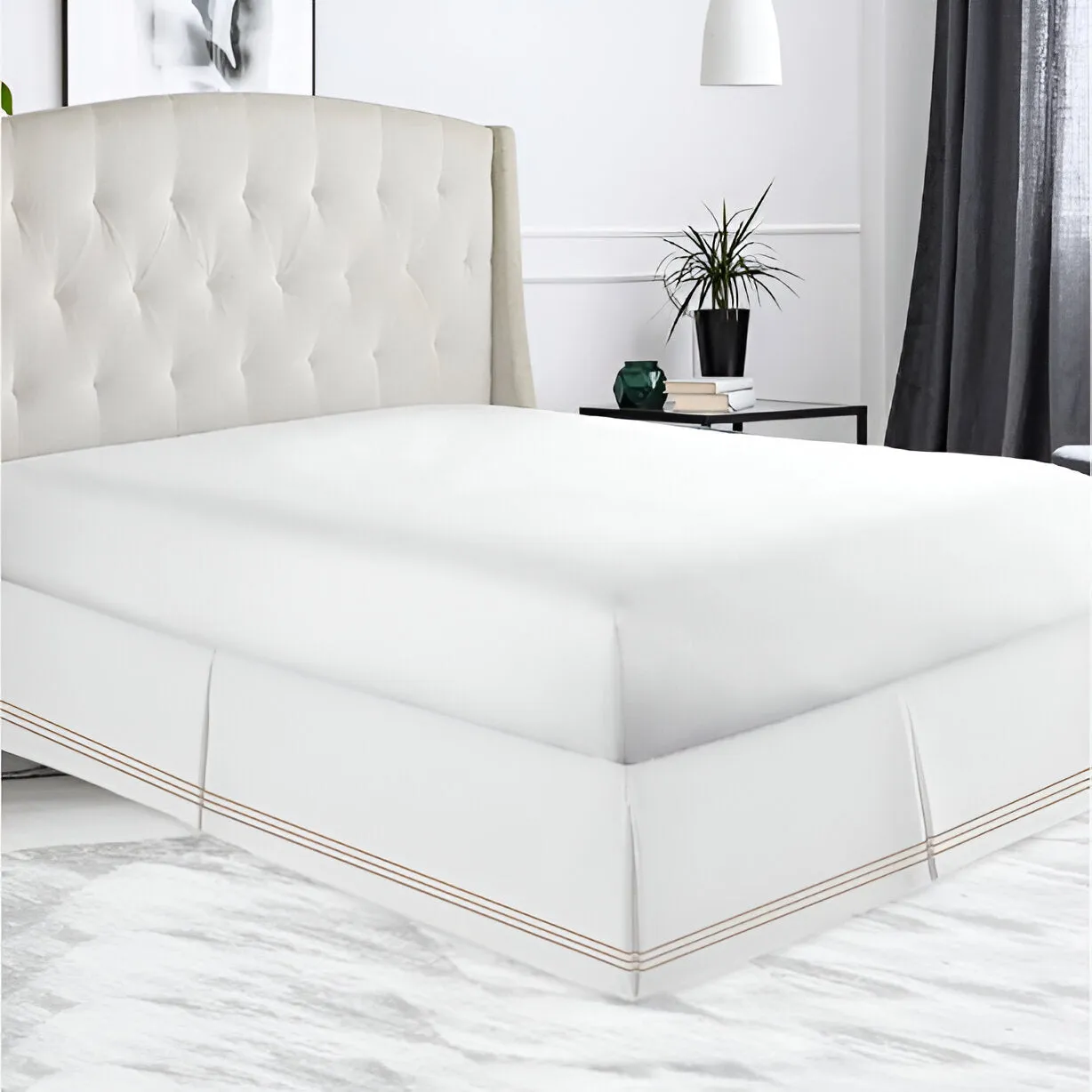 400TC Sateen Solid Cotton Triple Embroidered Tailored Bed Skirt