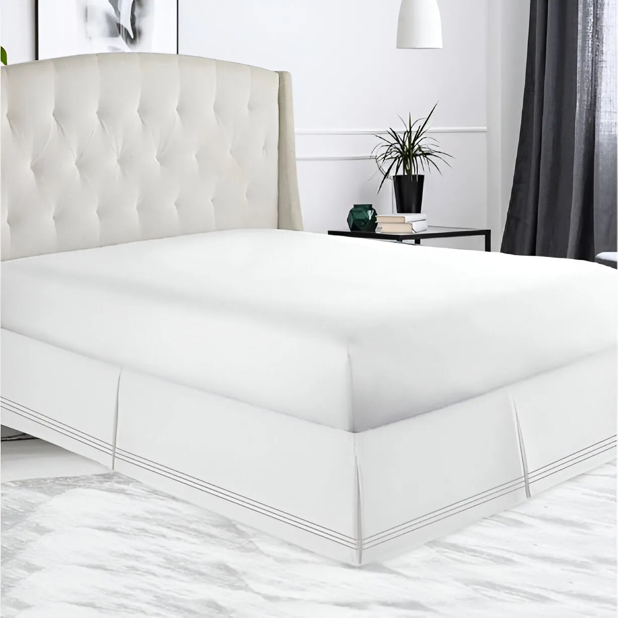 400TC Sateen Solid Cotton Triple Embroidered Tailored Bed Skirt