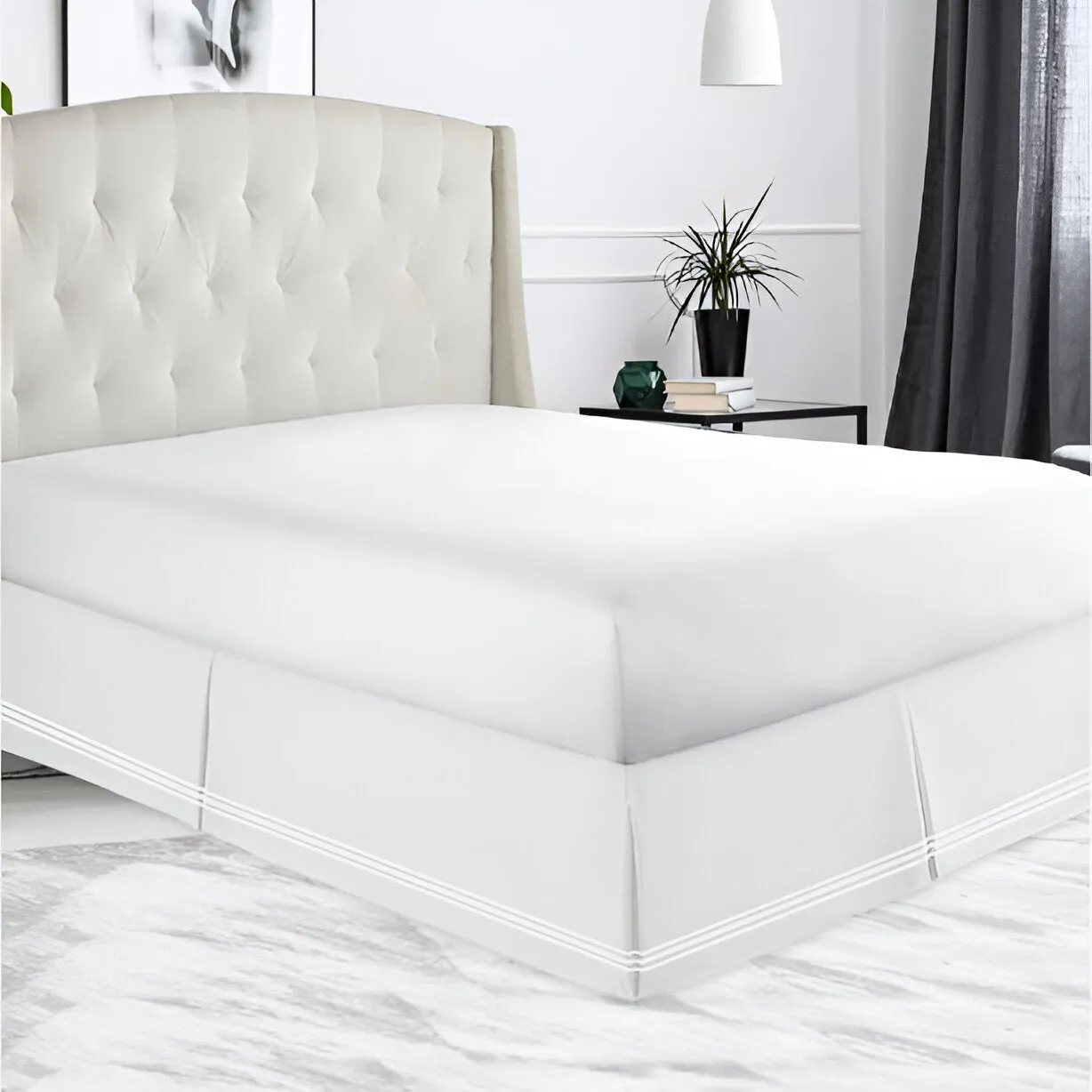 400TC Sateen Solid Cotton Triple Embroidered Tailored Bed Skirt