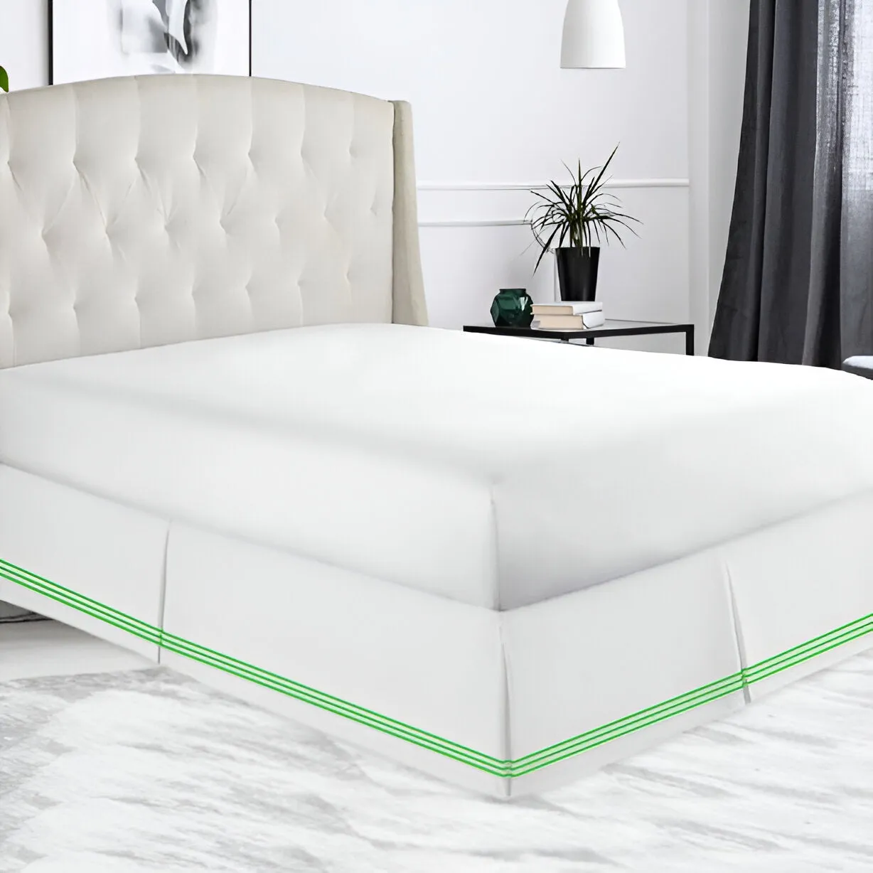 400TC Sateen Solid Cotton Triple Embroidered Tailored Bed Skirt