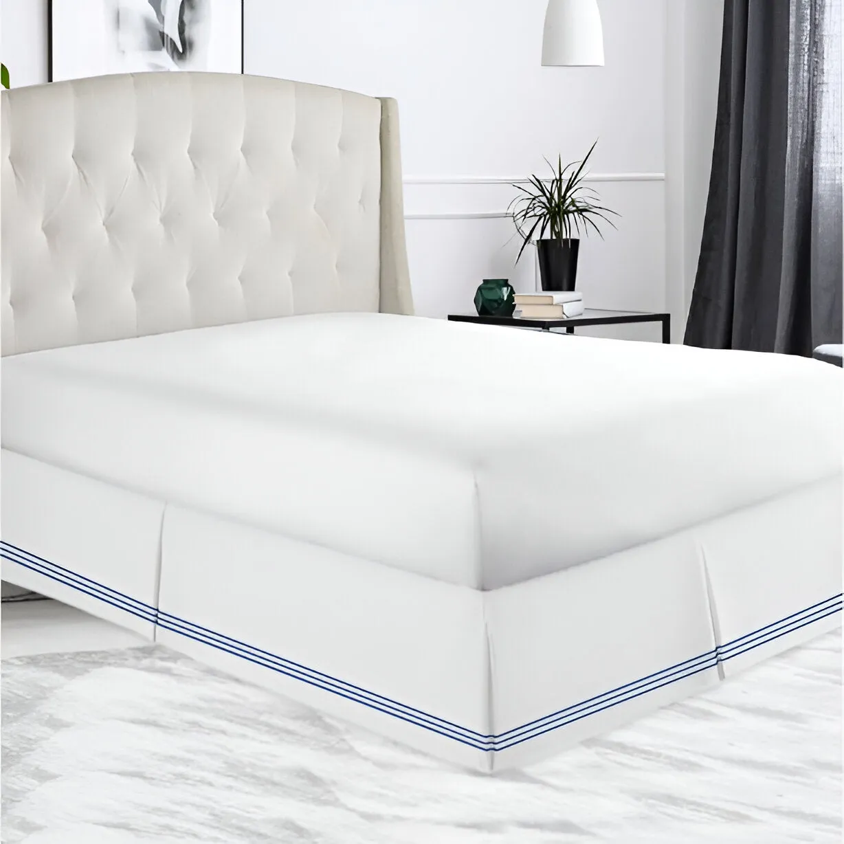400TC Sateen Solid Cotton Triple Embroidered Tailored Bed Skirt