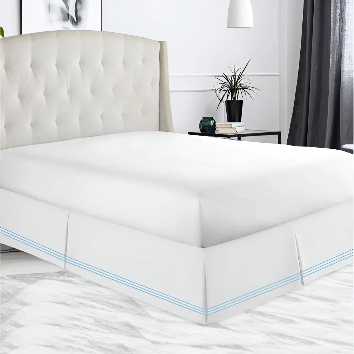 400TC Sateen Solid Cotton Triple Embroidered Tailored Bed Skirt