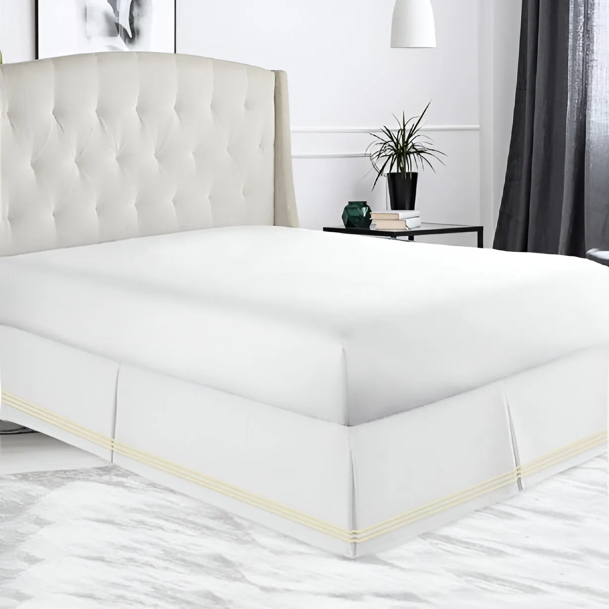 400TC Sateen Solid Cotton Triple Embroidered Tailored Bed Skirt
