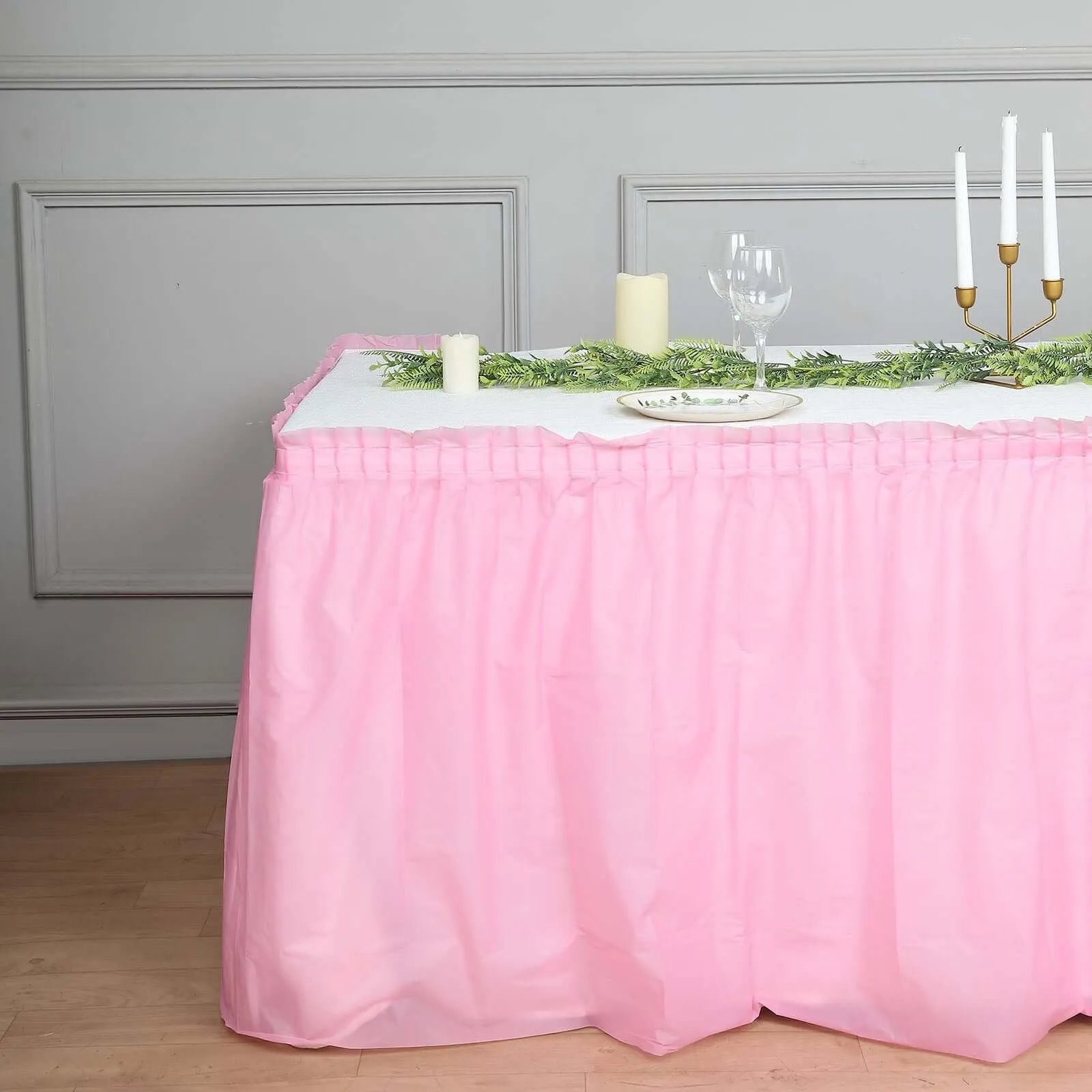 5 Pack Plastic Table Skirts Pink Ruffled - Durable Disposable Skirts for Events 14ft