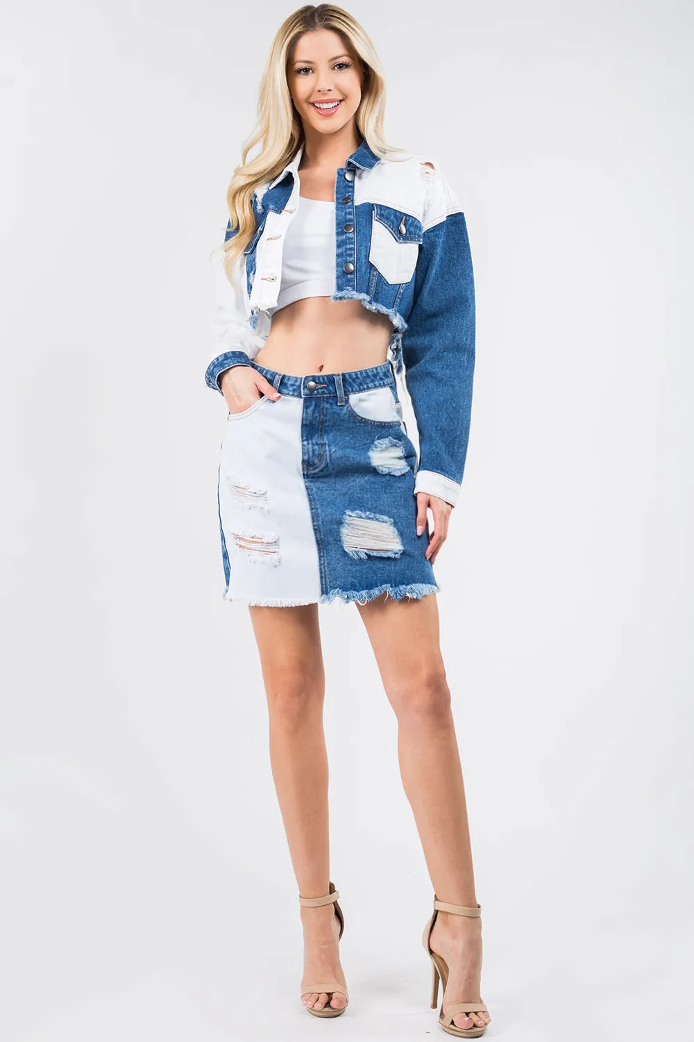American Bazi Contrast Denim Distressed Skirts