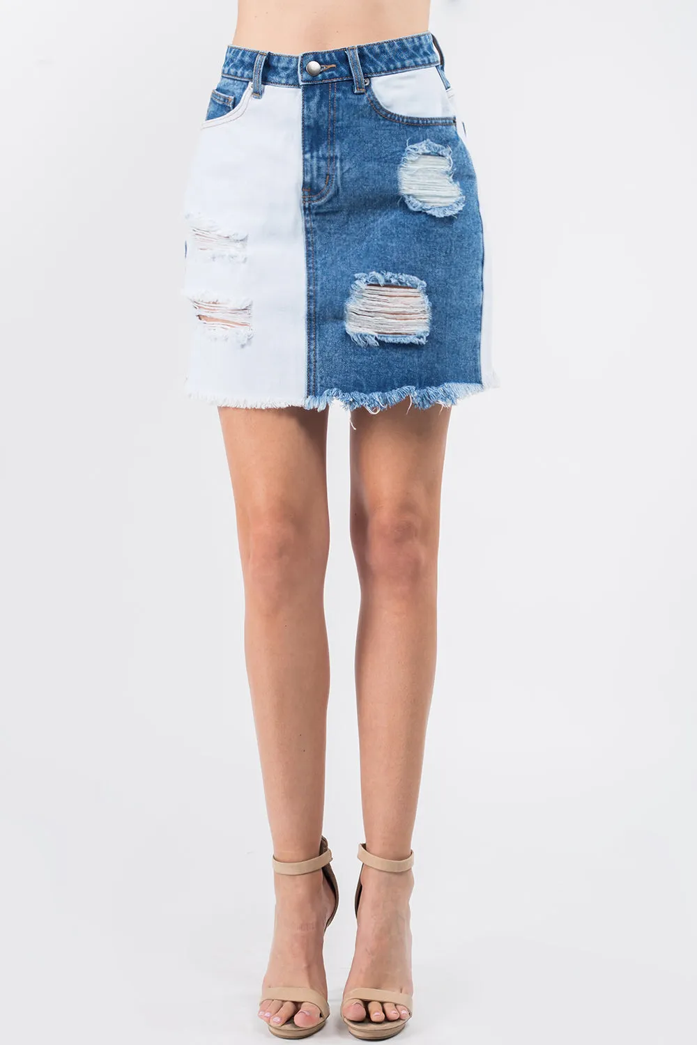 American Bazi Contrast Denim Distressed Skirts