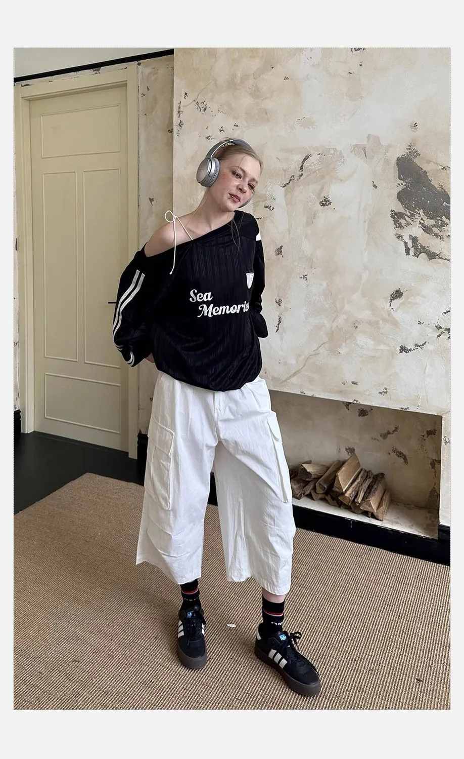 American Retro Street Hot Girl Top T-Shirt. Off-Shoulder Design Exposed Shoulder Jersey. Trendy Loose Letter Sweatshirt for Women. C-241030-8