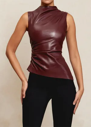 Asymmetric High-Neck Eco-Leather Top
