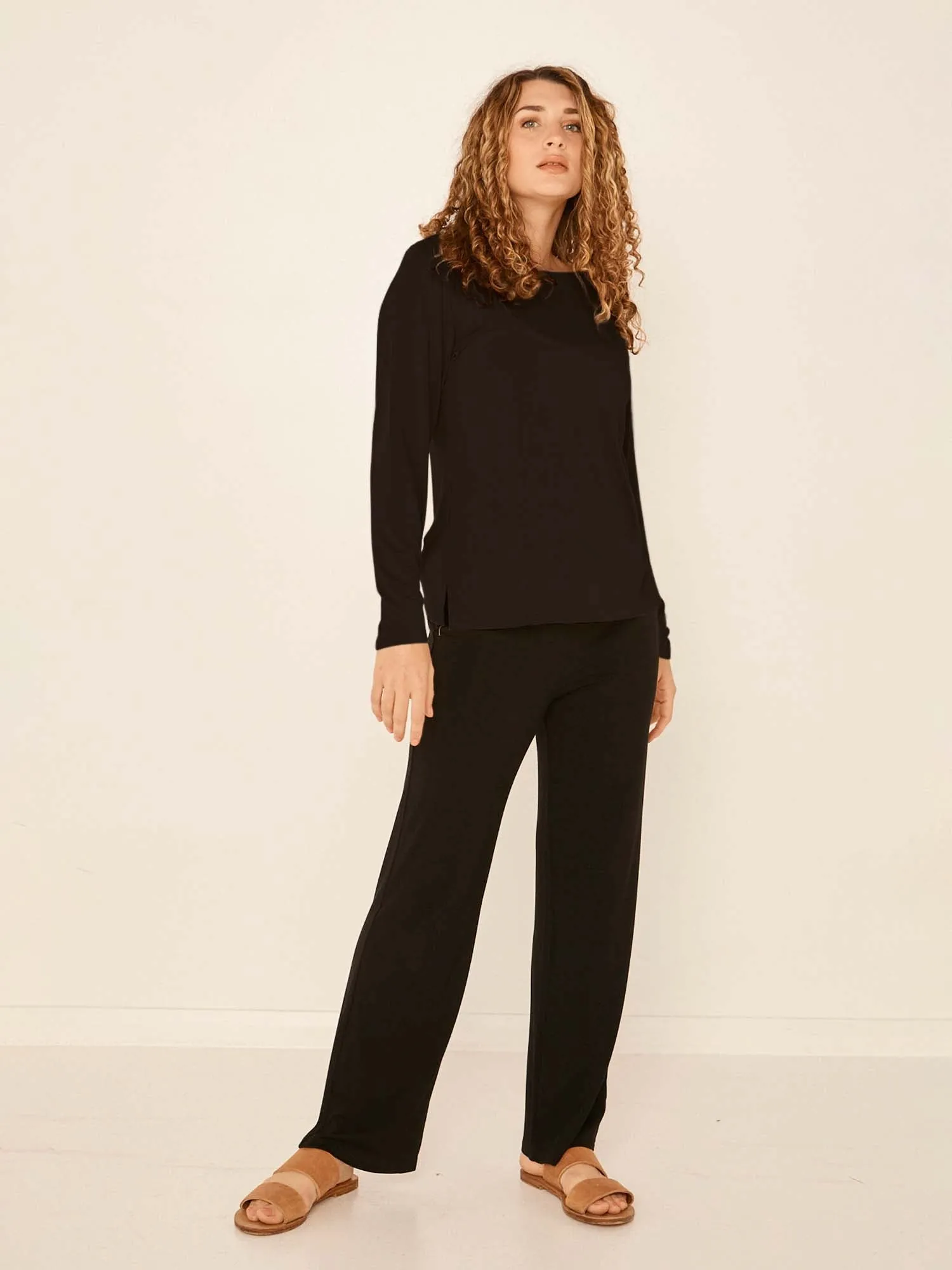 Bamboo Boat Neck Long Sleeve Tee - Black