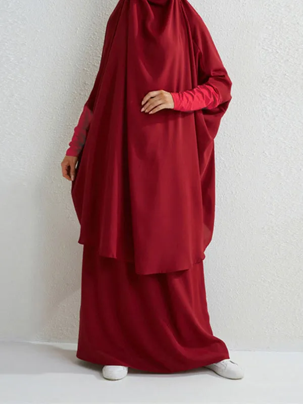 Batwing Sleeves Long Sleeves Muslim Solid Color High Neck Shirts Top   Skirts Bottom Two Pieces Set