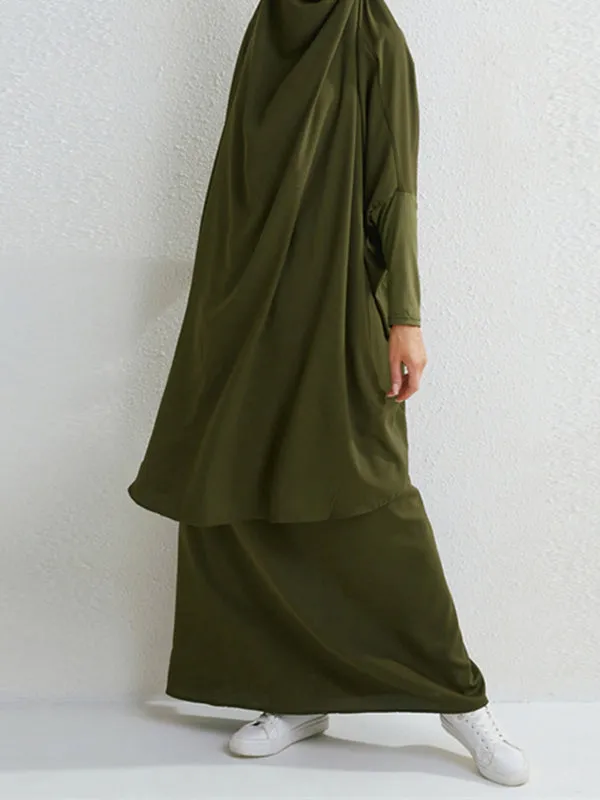 Batwing Sleeves Long Sleeves Muslim Solid Color High Neck Shirts Top   Skirts Bottom Two Pieces Set