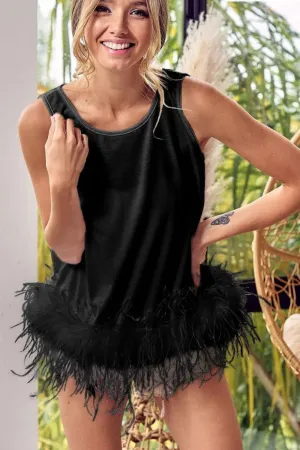 BiBi French Terry Faux Feather Bottom Back Tied Top