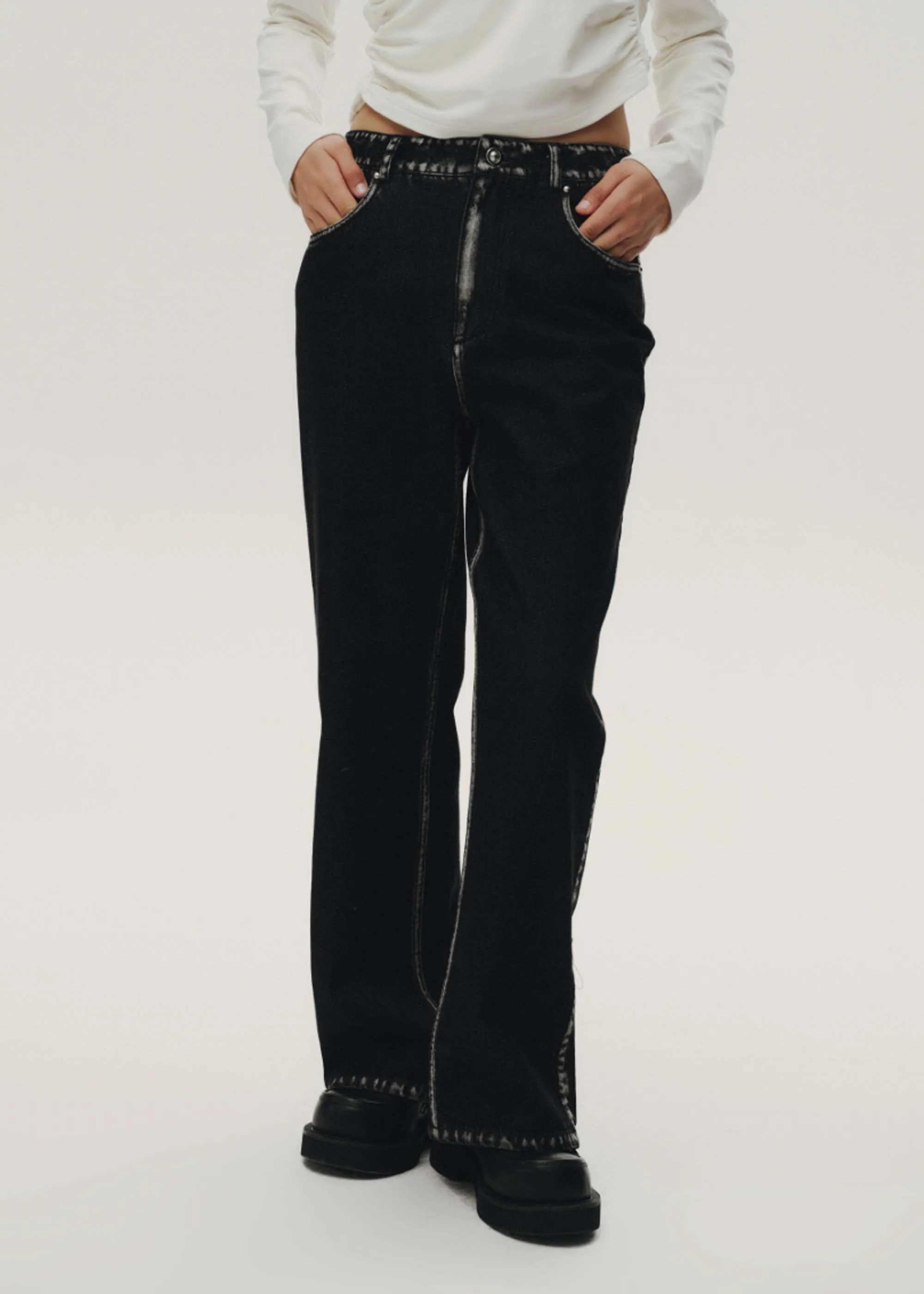 Black Faded Trim Straight Jeans