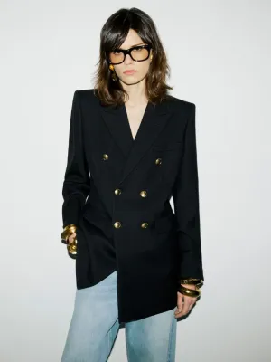 Black Wool Gabardine Double-Breasted Jacket