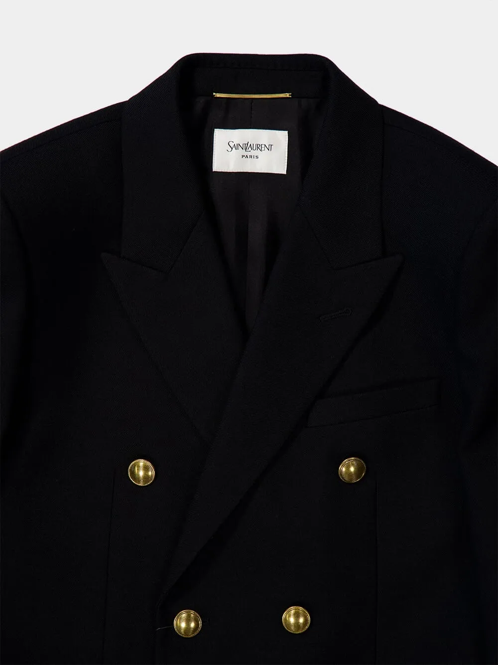 Black Wool Gabardine Double-Breasted Jacket