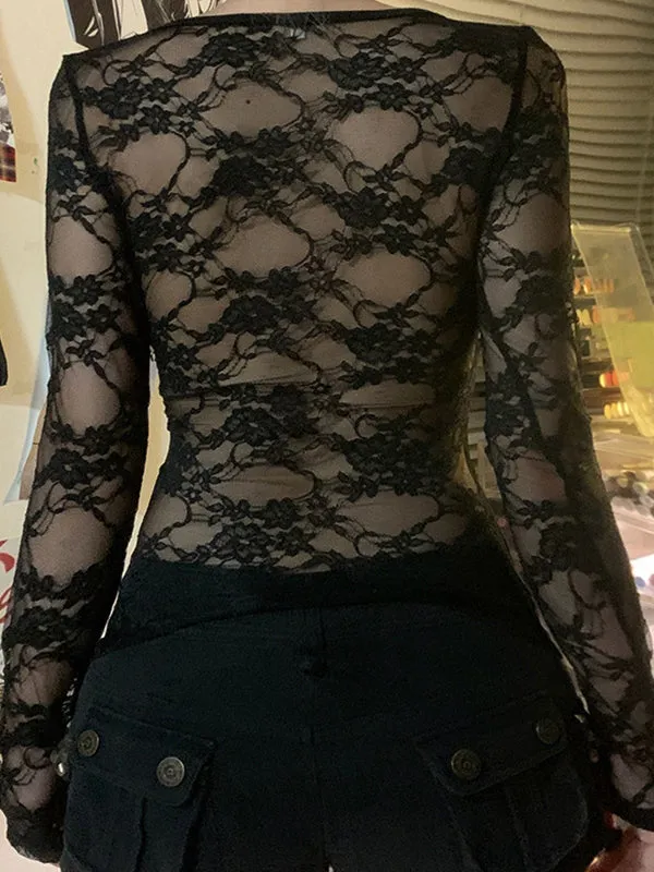 Black Y2k Lace Stitching Long Sleeve T-Shirt
