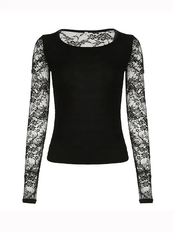 Black Y2k Lace Stitching Long Sleeve T-Shirt