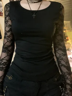 Black Y2k Lace Stitching Long Sleeve T-Shirt