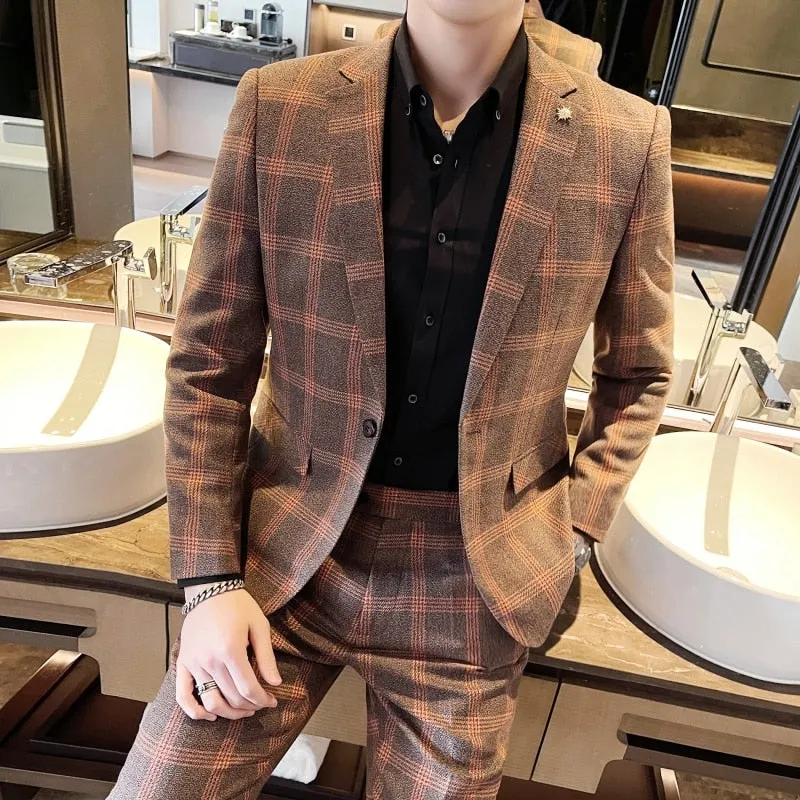 Blazers Pants Vest Set 3 Pieces Set/2022 Men's Business Casual Fashion Three Piece Plaid Suit Jacket Coat Trousers Waistcoat 5XL