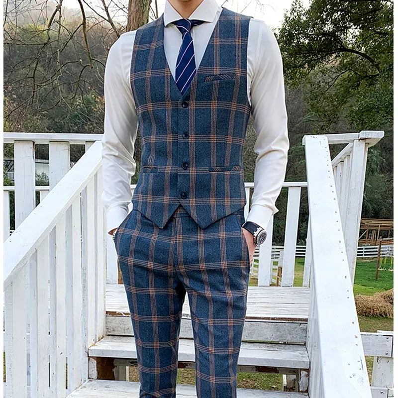 Blazers Pants Vest Set 3 Pieces Set/2022 Men's Business Casual Fashion Three Piece Plaid Suit Jacket Coat Trousers Waistcoat 5XL