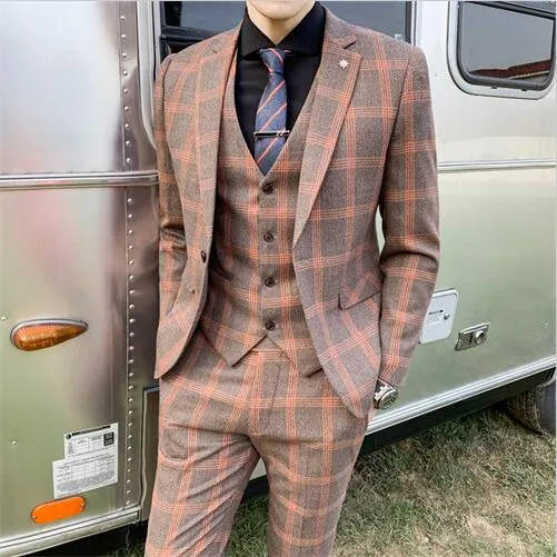 Blazers Pants Vest Set 3 Pieces Set/2022 Men's Business Casual Fashion Three Piece Plaid Suit Jacket Coat Trousers Waistcoat 5XL