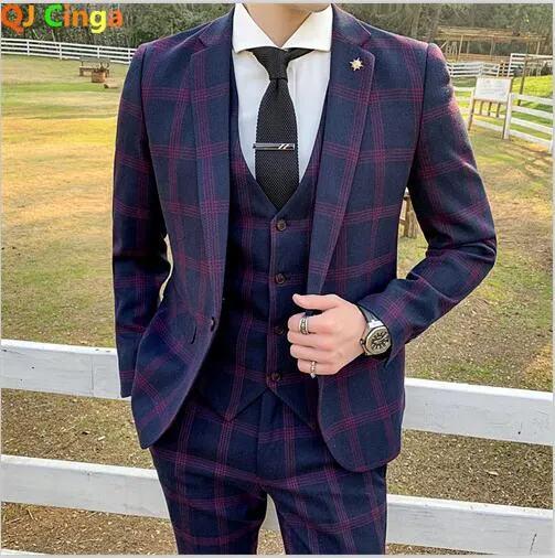 Blazers Pants Vest Set 3 Pieces Set/2022 Men's Business Casual Fashion Three Piece Plaid Suit Jacket Coat Trousers Waistcoat 5XL