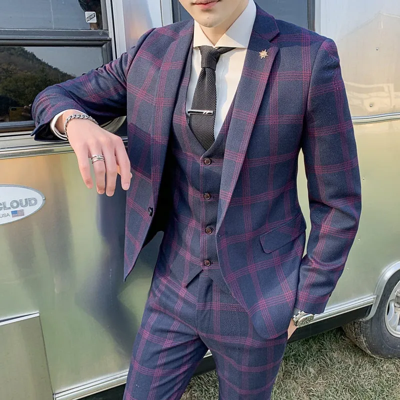 Blazers Pants Vest Set 3 Pieces Set/2022 Men's Business Casual Fashion Three Piece Plaid Suit Jacket Coat Trousers Waistcoat 5XL