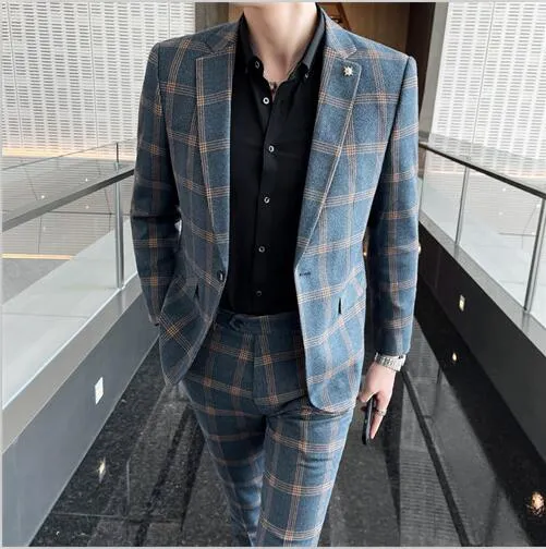 Blazers Pants Vest Set 3 Pieces Set/2022 Men's Business Casual Fashion Three Piece Plaid Suit Jacket Coat Trousers Waistcoat 5XL
