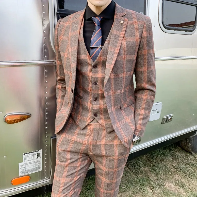 Blazers Pants Vest Set 3 Pieces Set/2022 Men's Business Casual Fashion Three Piece Plaid Suit Jacket Coat Trousers Waistcoat 5XL
