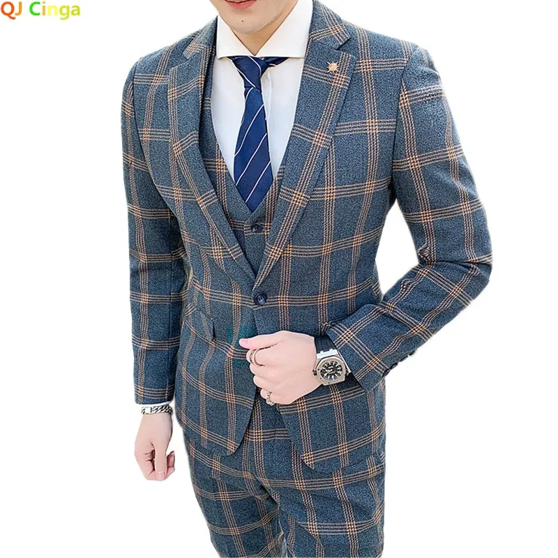Blazers Pants Vest Set 3 Pieces Set/2022 Men's Business Casual Fashion Three Piece Plaid Suit Jacket Coat Trousers Waistcoat 5XL