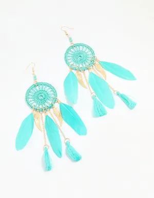 Blue Feather Dreamcatcher Drop Earrings