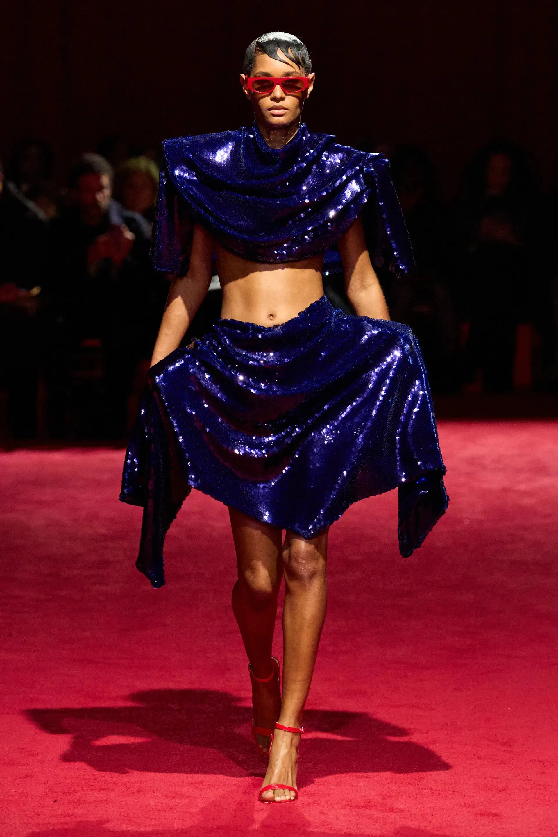 Blue Sequin Structured Draped Crop Top