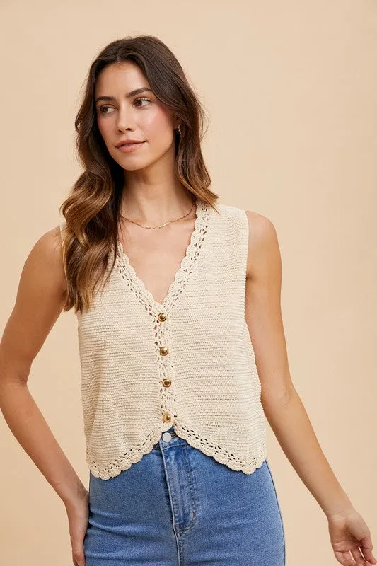 Boho Blossom Crochet Trim Sweater Vest